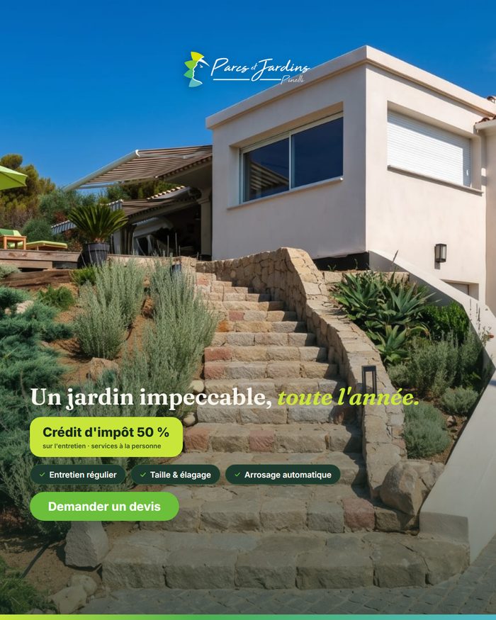 Visuel publicitaire Parcs & Jardins : mise en avant de l'entretien régulier