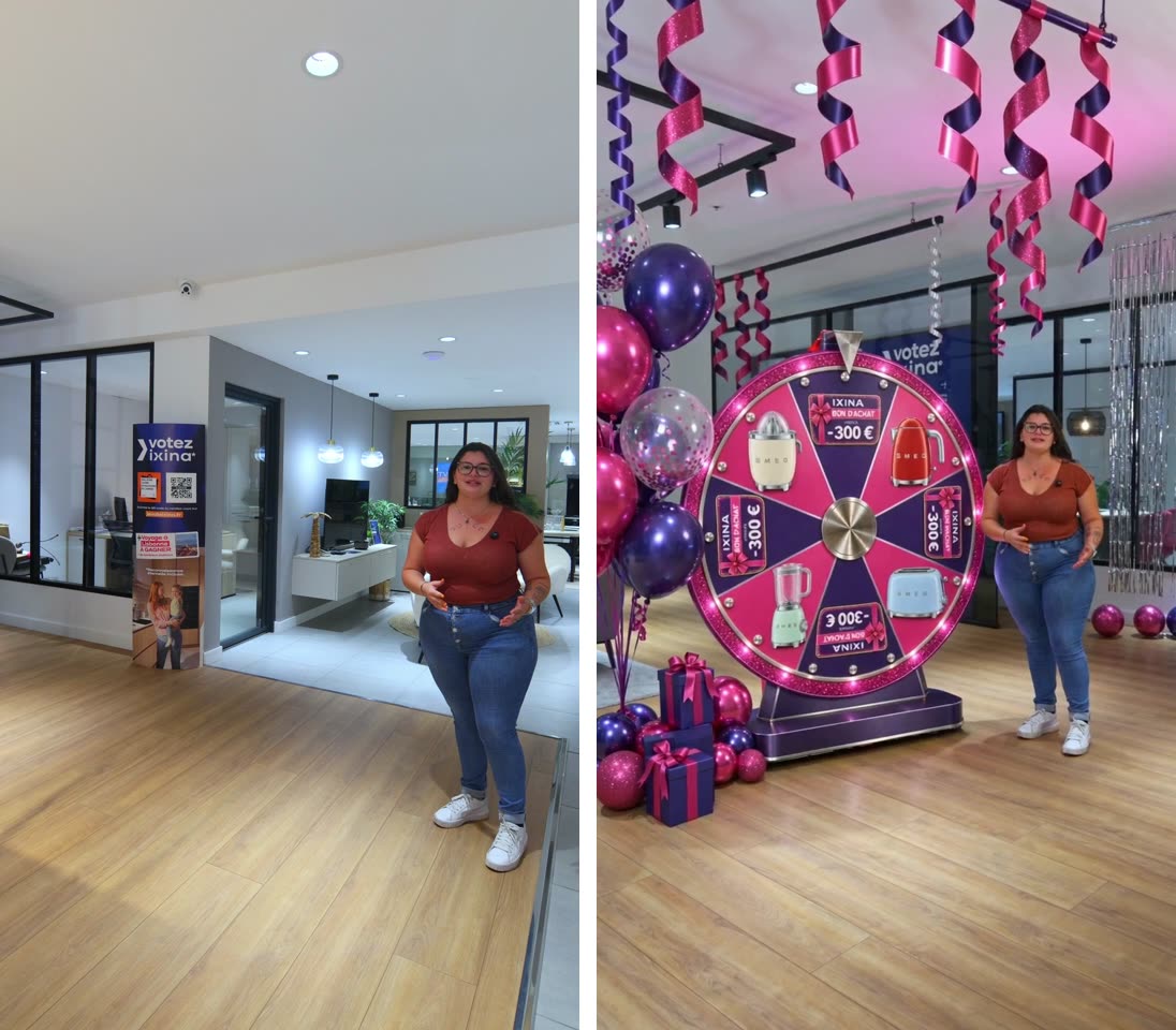 À gauche, l'image brute tournée dans le showroom IXINA ; à droite, la même scène dans la vidéo publiée, avec la roue de la fortune, les ballons et les serpentins ajoutés par IA