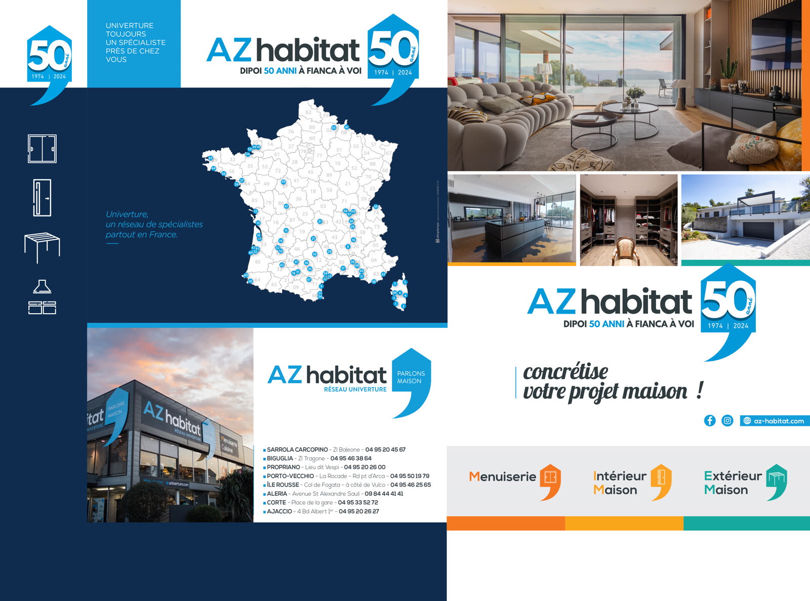 Pochette de devis conçue par l'Agence PMB pour les 50 ans d'AZ Habitat, avec le logo anniversaire, les agences du réseau et des photos de réalisations